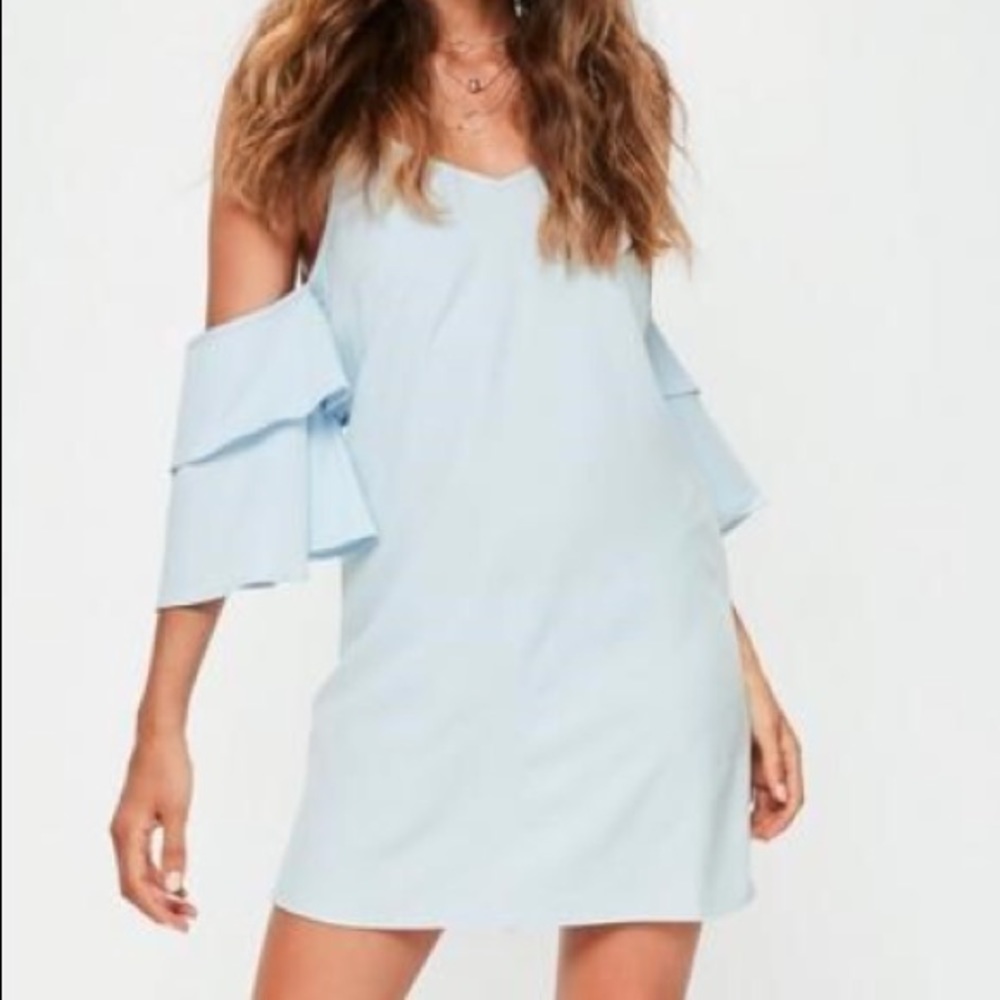 NWT light blue cold shoulder ruffle mini dress - Picture 2 of 3
